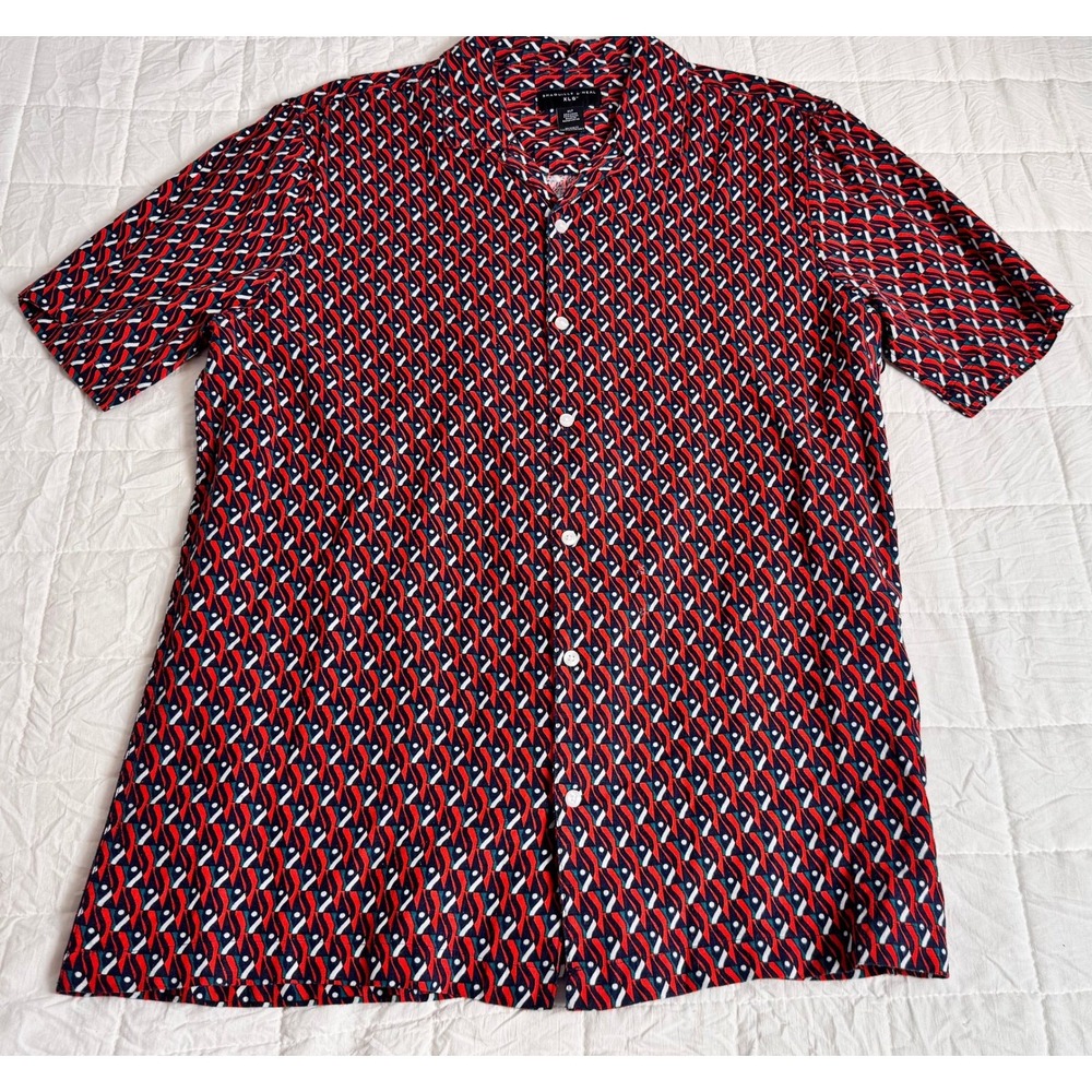 Retro XLG Mens XLT Linen‎ Blend Geometric Print Short Sleeve Shirt Red MCM NEW